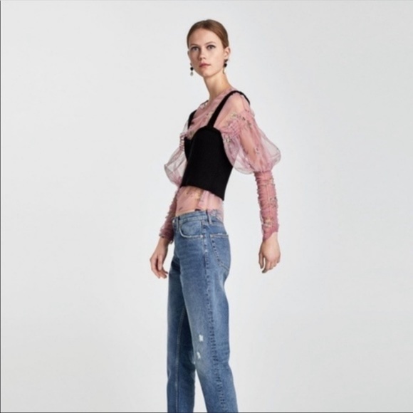 Zara printed floral sheer romantic love sleeve top - Picture 13 of 16